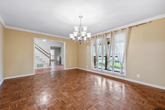 725 Purdue Dr, Tyler, TX 75701 - spare room with a chandelier, stairway, and crown molding