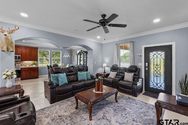 5900 Fm 858, Ben Wheeler, TX 75754 - living area with arched walkways, healthy amount of natural light, a ceiling fan, recessed lighting, and crown molding