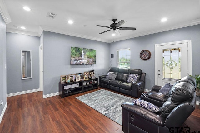 5900 Fm 858, Ben Wheeler, TX 75754 - living area featuring dark wood finished floors, ornamental molding, a ceiling fan, recessed lighting, and baseboards