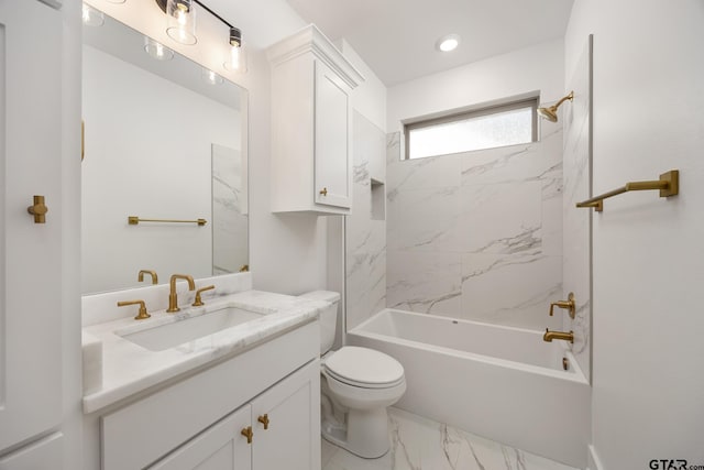 full bathroom with vanity, toilet, and tiled shower / bath combo