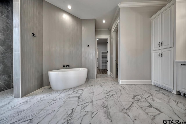 93 S Ryder Cup, Hideaway, TX 75771 - bathroom featuring a tile shower, marble finish floor, ornamental molding, a soaking tub, and recessed lighting