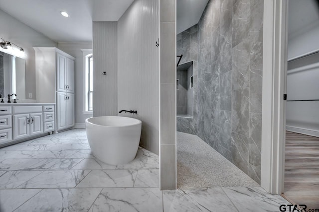 93 S Ryder Cup, Hideaway, TX 75771 - full bath with vanity, marble finish floor, walk in shower, recessed lighting, and a freestanding bath