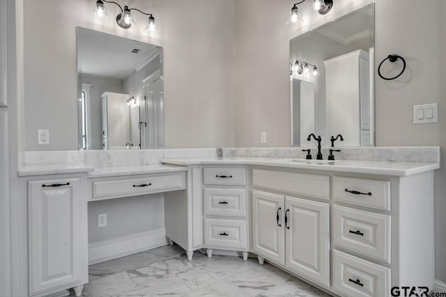 93 S Ryder Cup, Hideaway, TX 75771 - full bathroom with crown molding, marble finish floor, visible vents, and vanity
