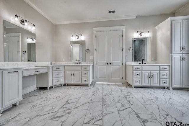 93 S Ryder Cup, Hideaway, TX 75771 - full bath with visible vents, crown molding, two vanities, a sink, and marble finish floor