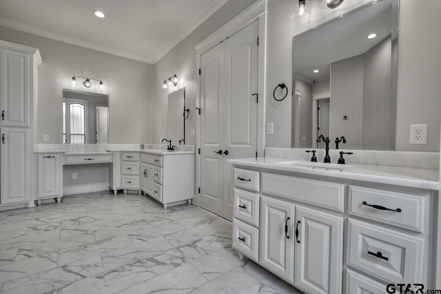 93 S Ryder Cup, Hideaway, TX 75771 - full bathroom with crown molding, a sink, marble finish floor, recessed lighting, and two vanities