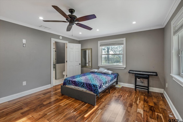 bedroom with recessed lighting, wood finished floors, visible vents, and baseboards