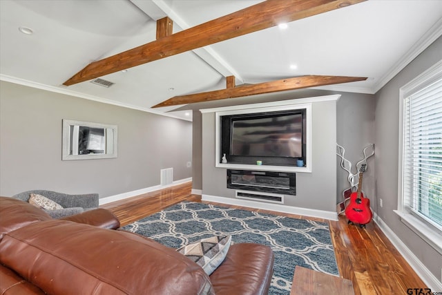 living room featuring lofted ceiling with beams, baseboards, wood finished floors, and visible vents