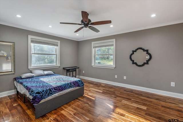 bedroom with recessed lighting, wood finished floors, ornamental molding, baseboards, and ceiling fan