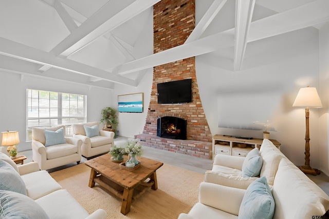 2110 Macbeth Ct, Tyler, TX 75703 - living room featuring high vaulted ceiling, beamed ceiling, and a brick fireplace