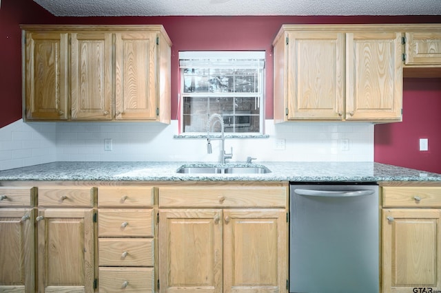 kitchen featuring sink, a textured ceiling, light brown cabinets, dishwasher, and decorative backsplash