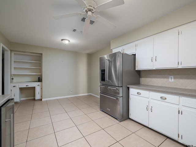 kitchen with light countertops, white cabinets, stainless steel refrigerator with ice dispenser, wine cooler, and ceiling fan