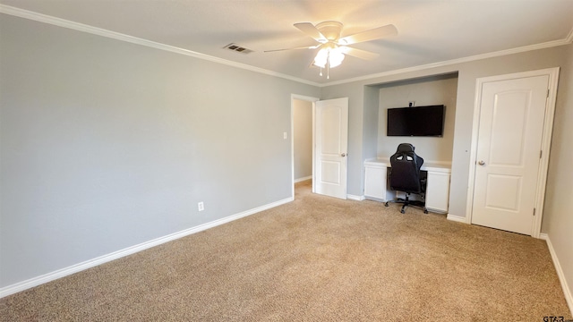 unfurnished bedroom with light carpet, ornamental molding, and ceiling fan