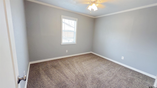 empty room with ornamental molding, carpet floors, and ceiling fan