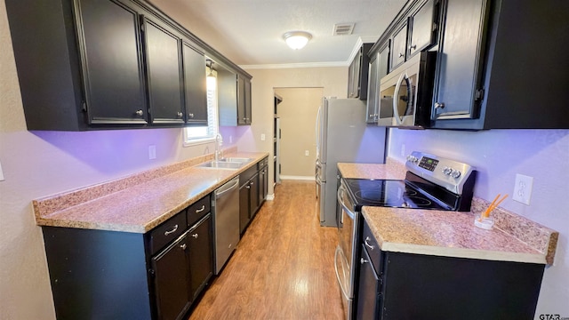 kitchen featuring ornamental molding, stainless steel appliances, sink, and light wood-type flooring