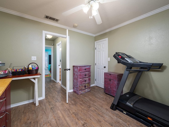 exercise room with hardwood / wood-style flooring, ceiling fan, and crown molding