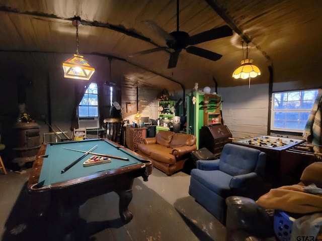 rec room featuring pool table, ceiling fan, vaulted ceiling, and wooden ceiling