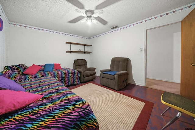 living room with a textured ceiling, ceiling fan, and hardwood / wood-style floors