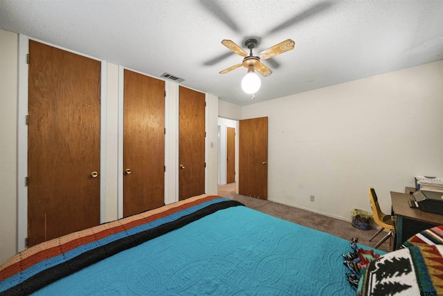 bedroom with carpet floors, ceiling fan, and two closets