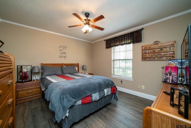 bedroom featuring a textured ceiling, baseboards, a ceiling fan, wood finished floors, and ornamental molding