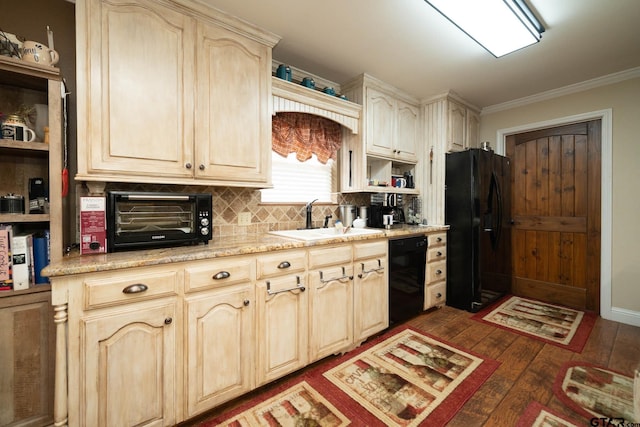 kitchen with a sink, backsplash, open shelves, dark wood-type flooring, and black appliances