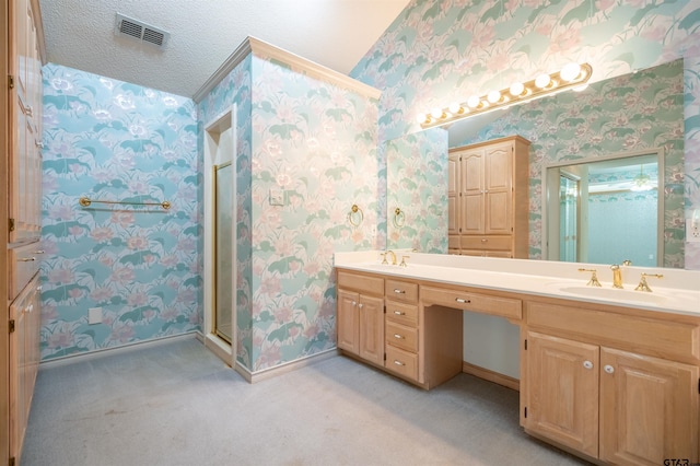 bathroom with vanity, a textured ceiling, and a shower with shower door