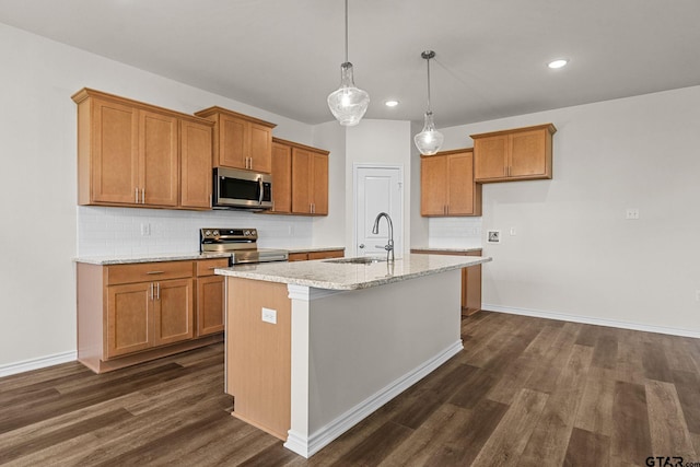 kitchen with sink, an island with sink, appliances with stainless steel finishes, dark hardwood / wood-style flooring, and light stone counters