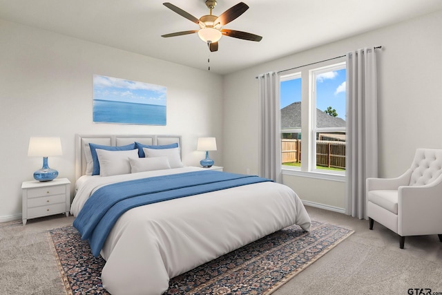 bedroom with light colored carpet and ceiling fan