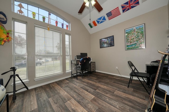 office featuring lofted ceiling, dark wood finished floors, baseboards, and ceiling fan