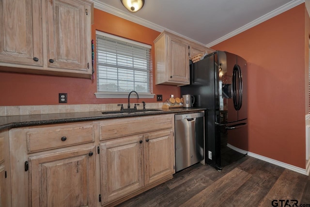 kitchen with light brown cabinets, a sink, black fridge with ice dispenser, ornamental molding, and dishwasher