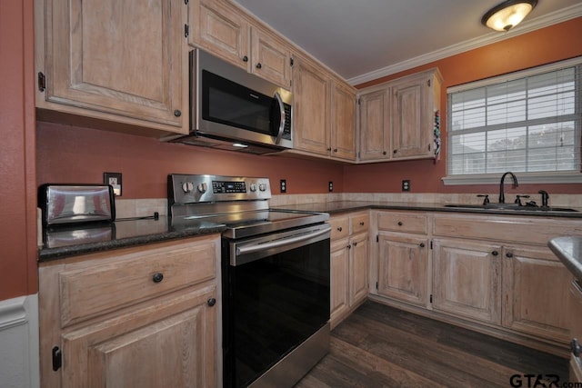 kitchen featuring stainless steel appliances, dark wood-style flooring, a sink, ornamental molding, and dark countertops