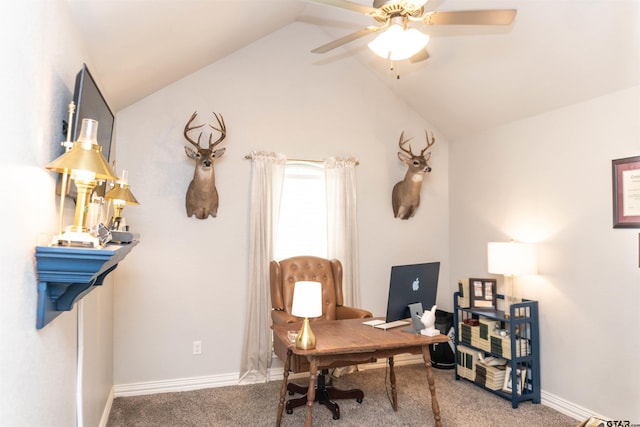 home office with carpet floors, lofted ceiling, and ceiling fan