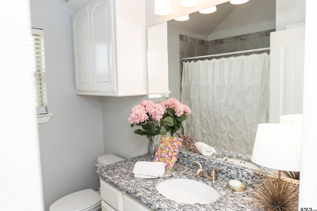 bathroom with walk in shower, lofted ceiling, toilet, and vanity