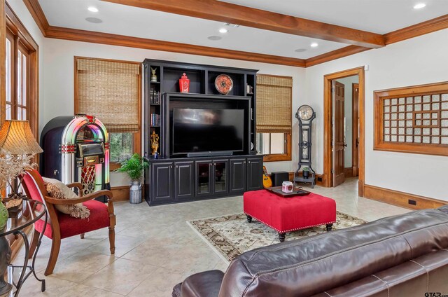 living room with beamed ceiling and ornamental molding