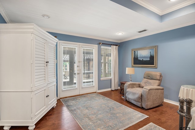 1807 Royal Oak Dr, Tyler, TX 75703 - living area featuring french doors, ornamental molding, dark wood-style flooring, and recessed lighting