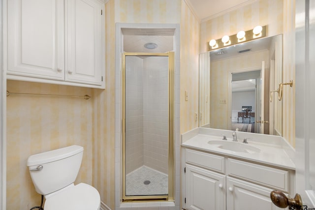 1807 Royal Oak Dr, Tyler, TX 75703 - full bathroom featuring wallpapered walls, a shower stall, vanity, and ornamental molding