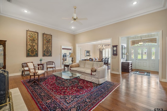 1807 Royal Oak Dr, Tyler, TX 75703 - living room with ceiling fan, ornamental molding, wood finished floors, recessed lighting, and a chandelier