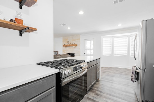 kitchen featuring gray cabinetry, crown molding, light hardwood / wood-style flooring, stainless steel appliances, and a fireplace