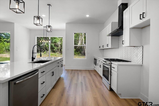 17314 Fm 2767, Tyler, TX 75705 - kitchen with stainless steel appliances, a sink, wall chimney exhaust hood, light wood-type flooring, and decorative backsplash