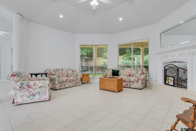 18737 Oakbrook Rd, Tyler, TX 75703 - living area with ceiling fan, light tile patterned floors, high vaulted ceiling, a premium fireplace, and recessed lighting
