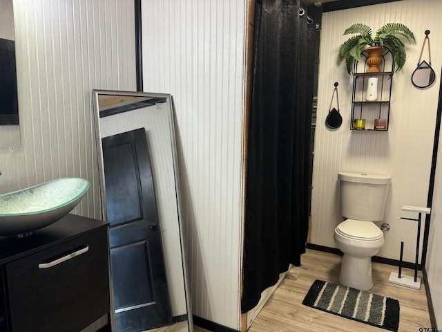 bathroom featuring toilet, vanity, and hardwood / wood-style flooring