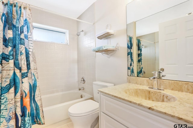 full bathroom with shower / bath combo with shower curtain, vanity, and toilet