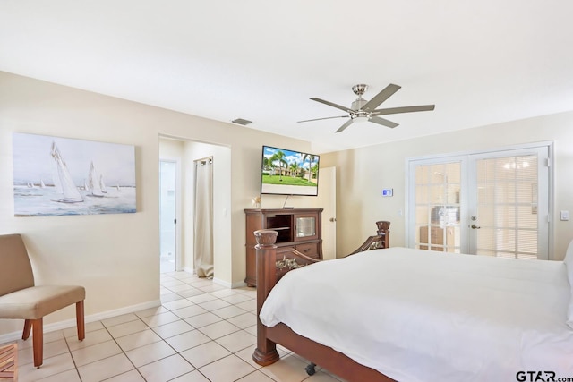 tiled bedroom featuring access to outside, ceiling fan, and french doors