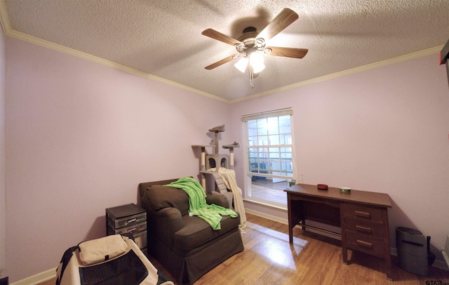 8312 Oxford Dr, Tyler, TX 75703 - living area featuring wood finished floors, a ceiling fan, a textured ceiling, and crown molding