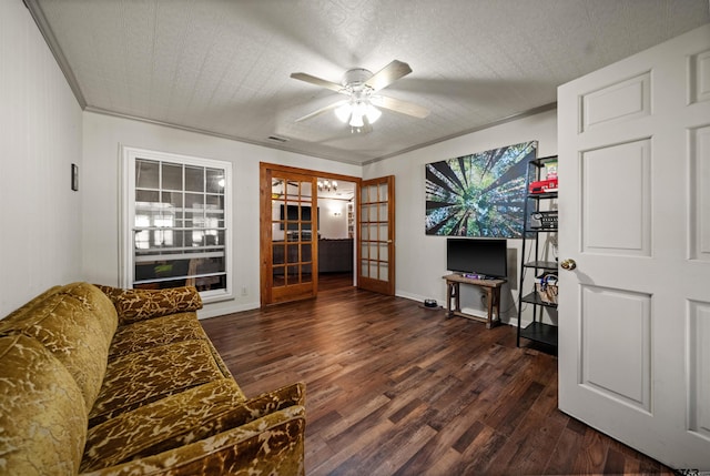 8312 Oxford Dr, Tyler, TX 75703 - living area featuring dark wood-style flooring, french doors, ceiling fan, and ornamental molding