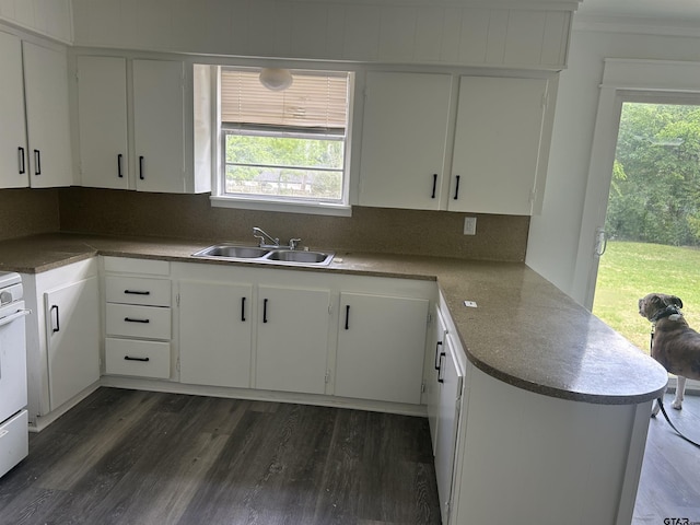 kitchen with a sink, a peninsula, and dark wood-style floors