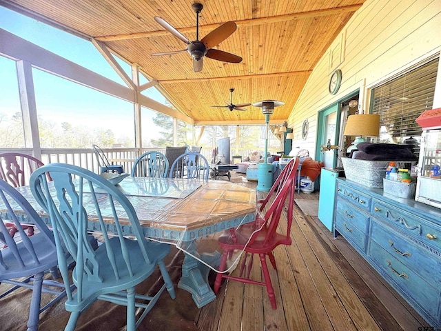 exterior space featuring ceiling fan, lofted ceiling, a wood stove, and wood ceiling