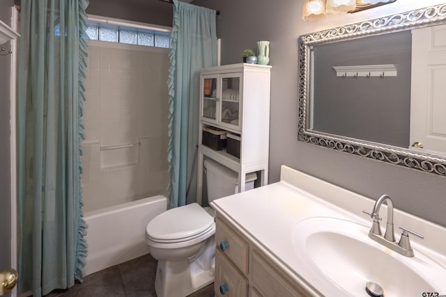 bathroom featuring vanity, tile patterned flooring, toilet, and shower / tub combo with curtain