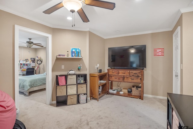 living room featuring ceiling fan, light colored carpet, and ornamental molding