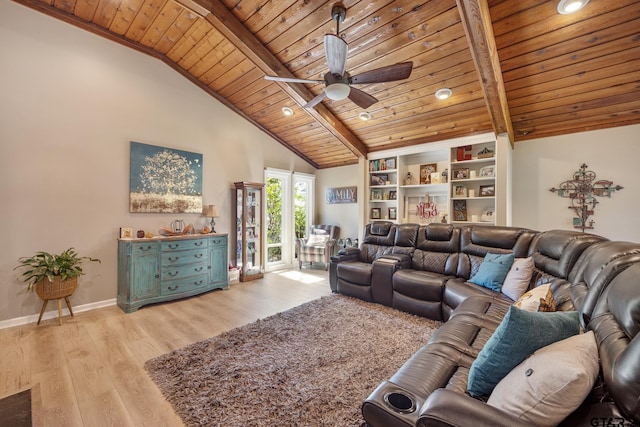 living room featuring beam ceiling, wooden ceiling, ceiling fan, and light hardwood / wood-style flooring