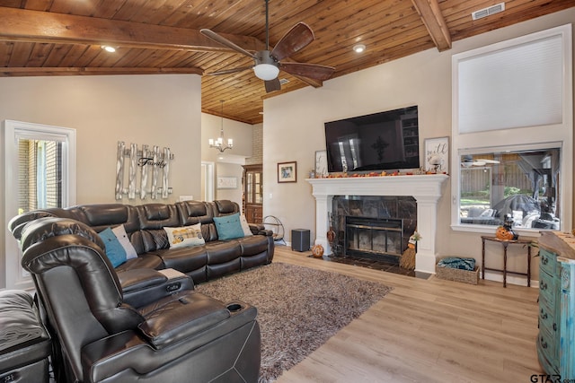 living room featuring hardwood / wood-style floors, wooden ceiling, a tiled fireplace, and plenty of natural light